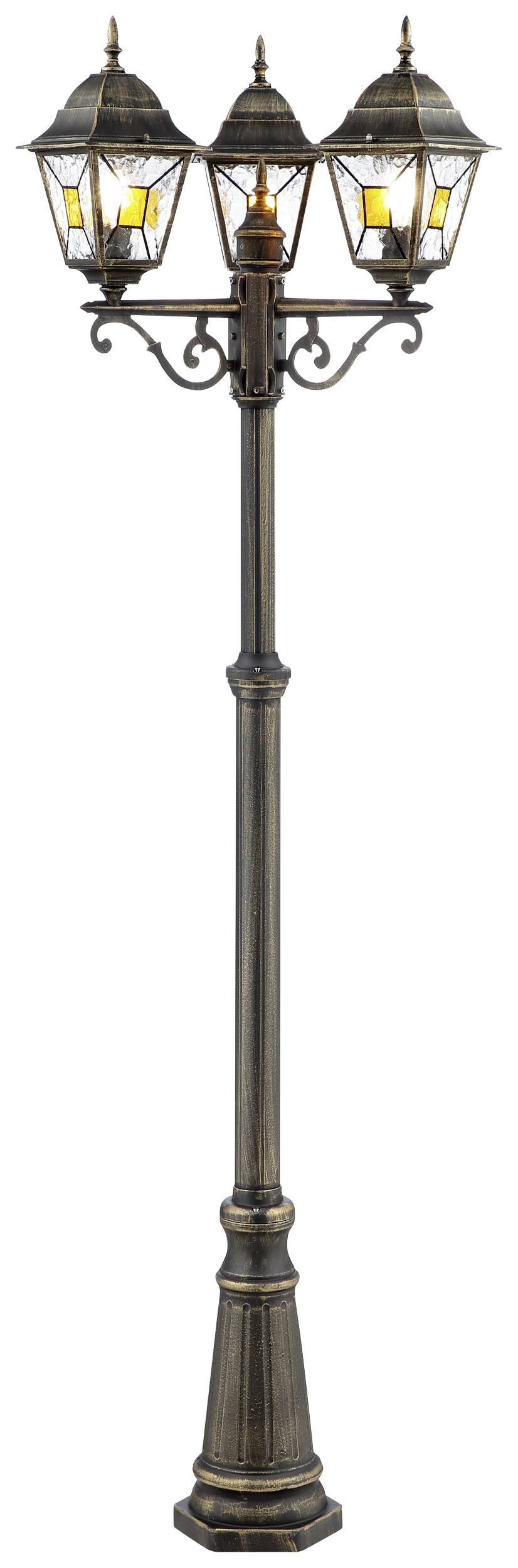 Driearmige straatlantaarn van metaal in antieke stijl, met gestructureerd glas en sierlijke armen.