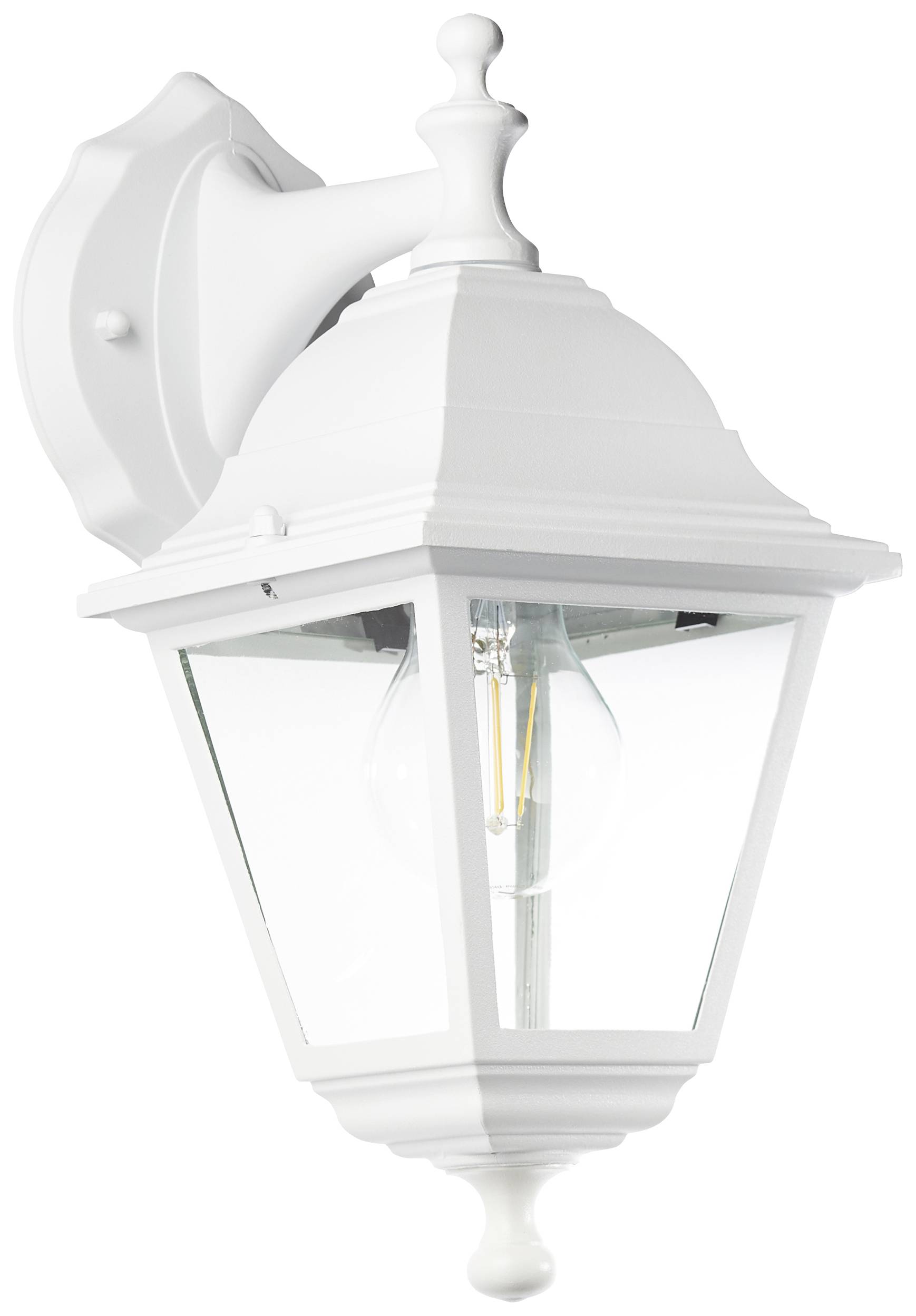 Witte, klassieke buitenwandlamp met transparante glazen schermen en zichtbare lichtbron, gemonteerd aan de muur.