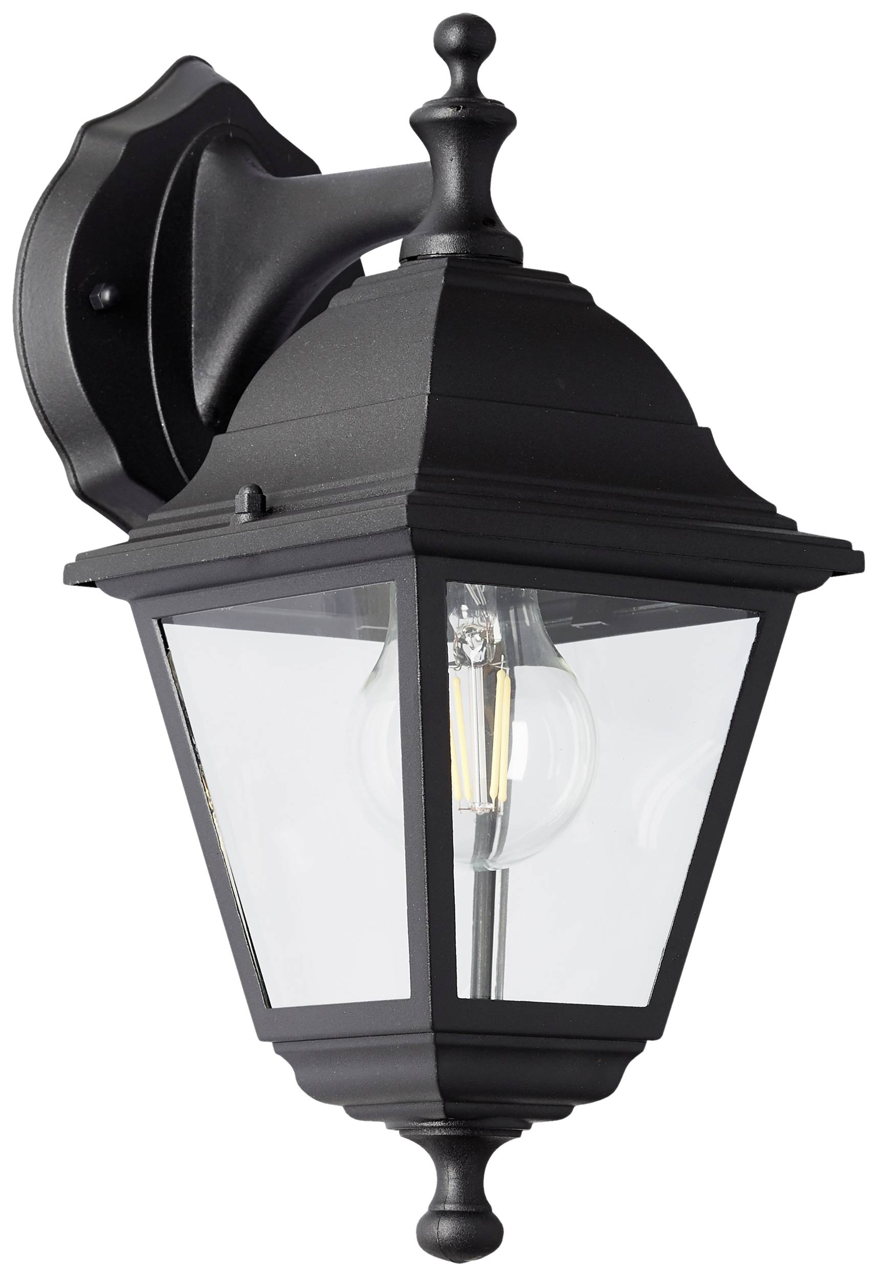 Zwarte wandlamp in klassieke lantaarnstijl met glazen wanden en zichtbare gloeilamp, geschikt voor buitengebruik.