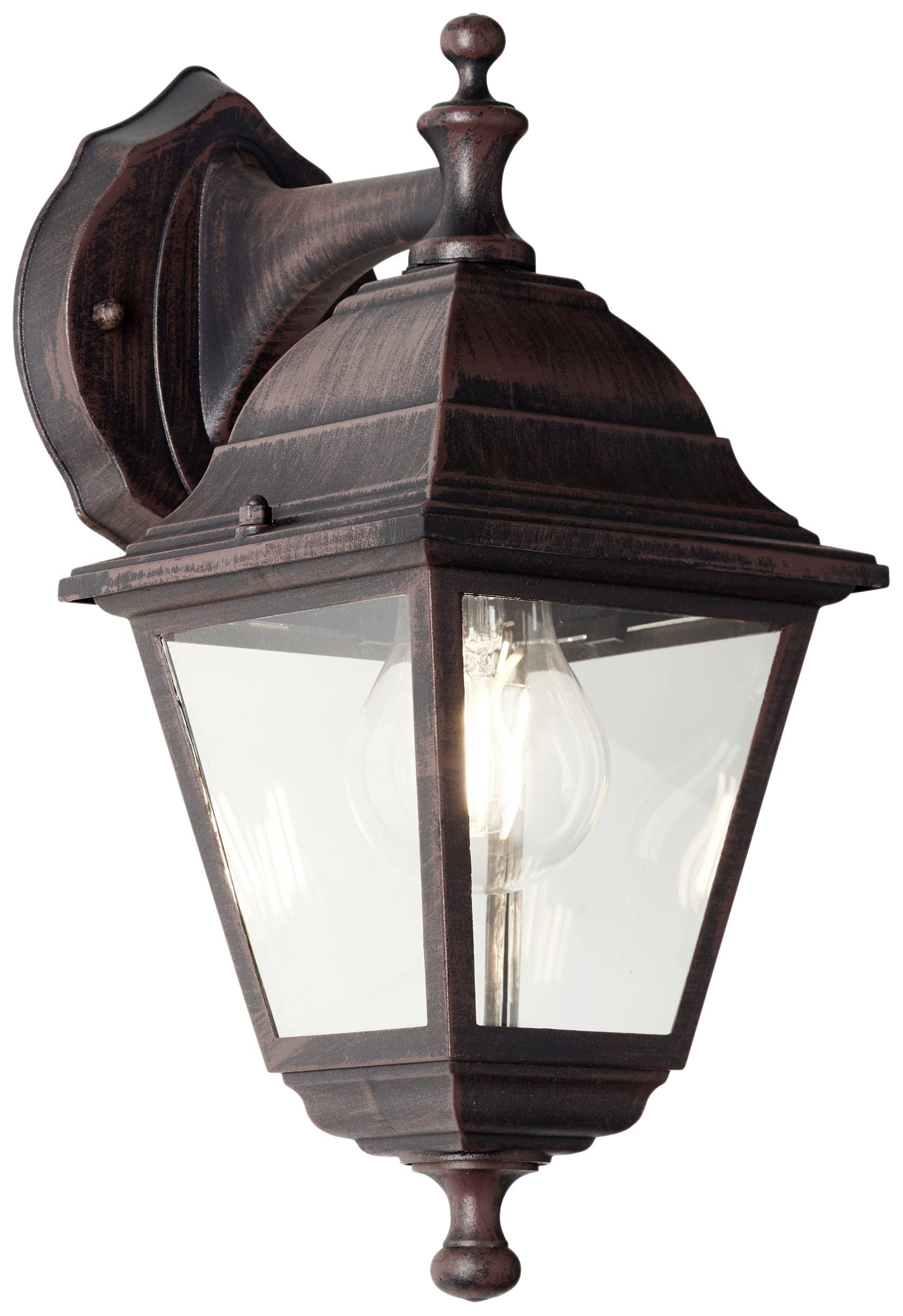 Een antieke wandlamp met glazen behuizing en zichtbare gloeilamp, bevestigd aan een wandsteun. Rustiek ontwerp, geschikt voor buitenruimtes.