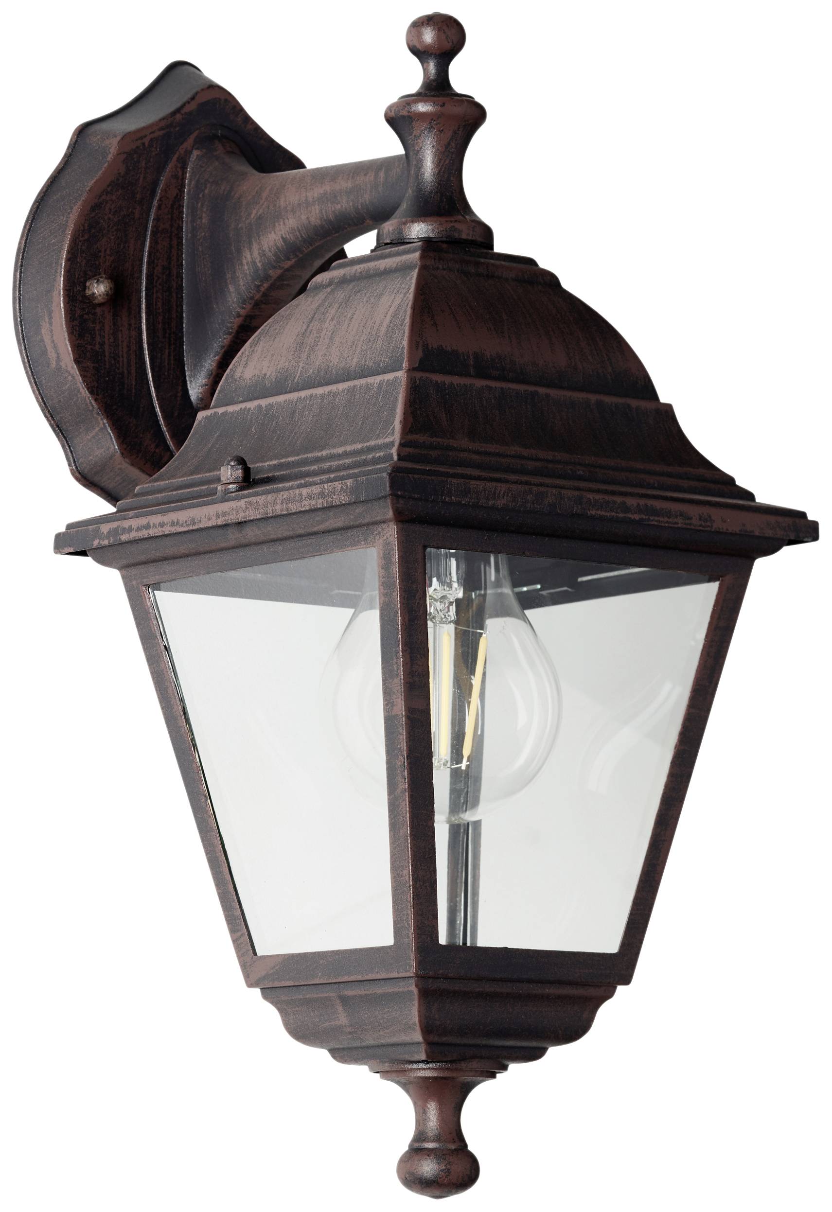 Antieke buitenwandlamp van metaal met gloeilamp, klassiek design voor buitenverlichting, rustieke uitstraling.