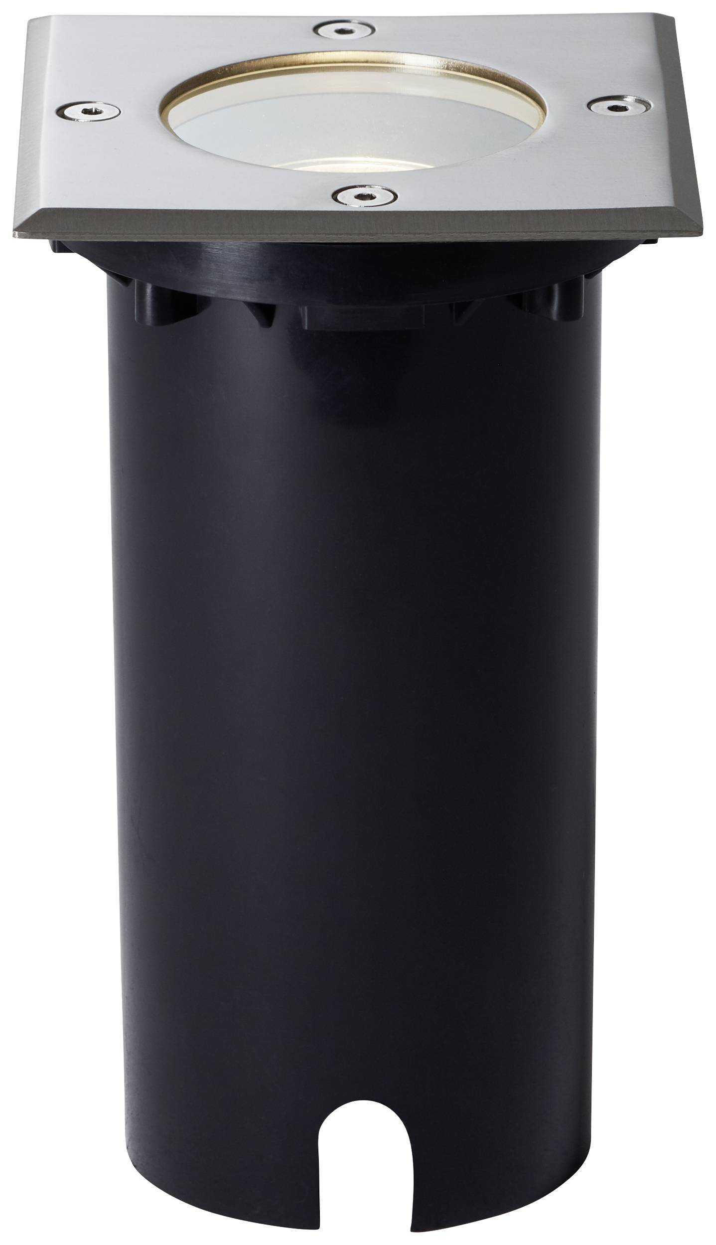 Inbouwspot met een rond, zwart behuizing en een vierkante RVS afdekking. Geschikt voor buitenverlichting.
