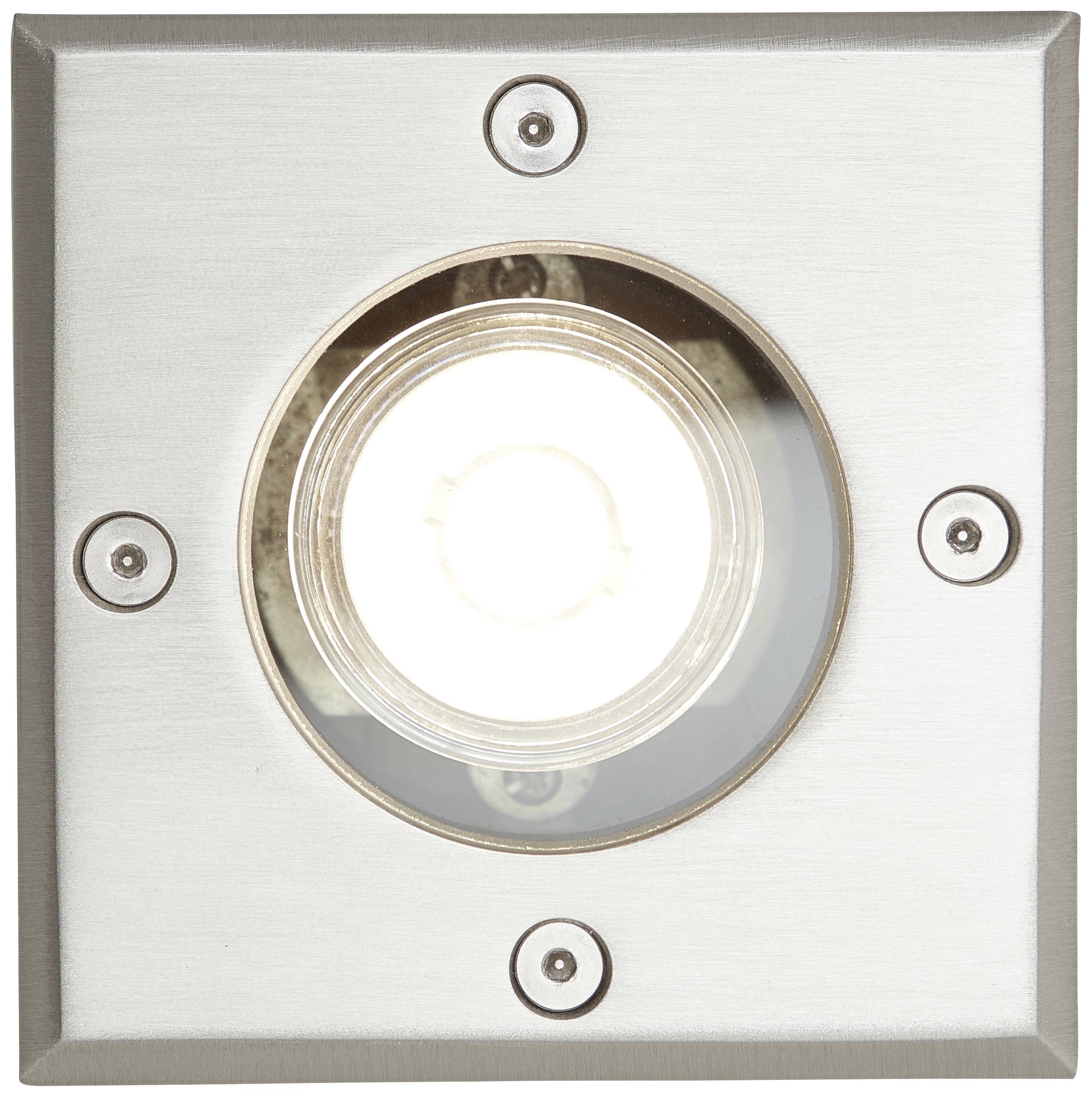 Zilveren, vierkante inbouwspot met een rond, centraal licht. Schroeven in de hoeken bevestigen de metalen afdekking.