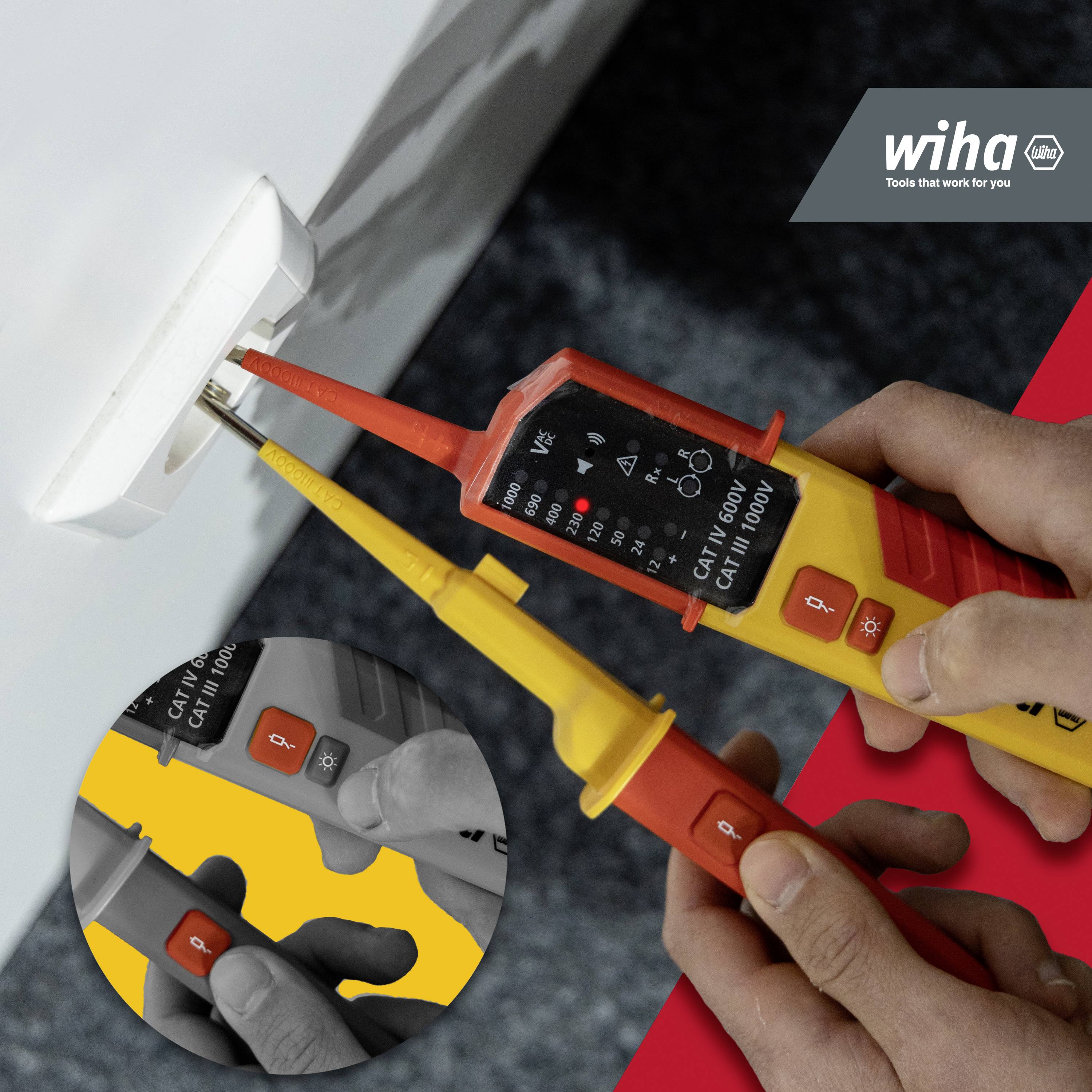 Een persoon meet met een tweepolige spanningzoeker aan een elektrisch stopcontact. Het apparaat toont de elektrische spanning en doorgang bij contact.