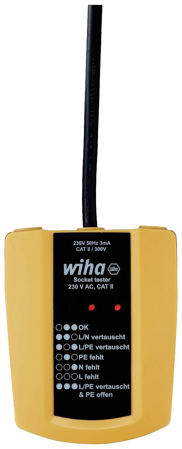 Testapparaat voor stopcontacten, toont status aan zoals 'OK', 'L/N verwisseld', 'L/PE open' onder andere. Gele behuizing, zwart display.