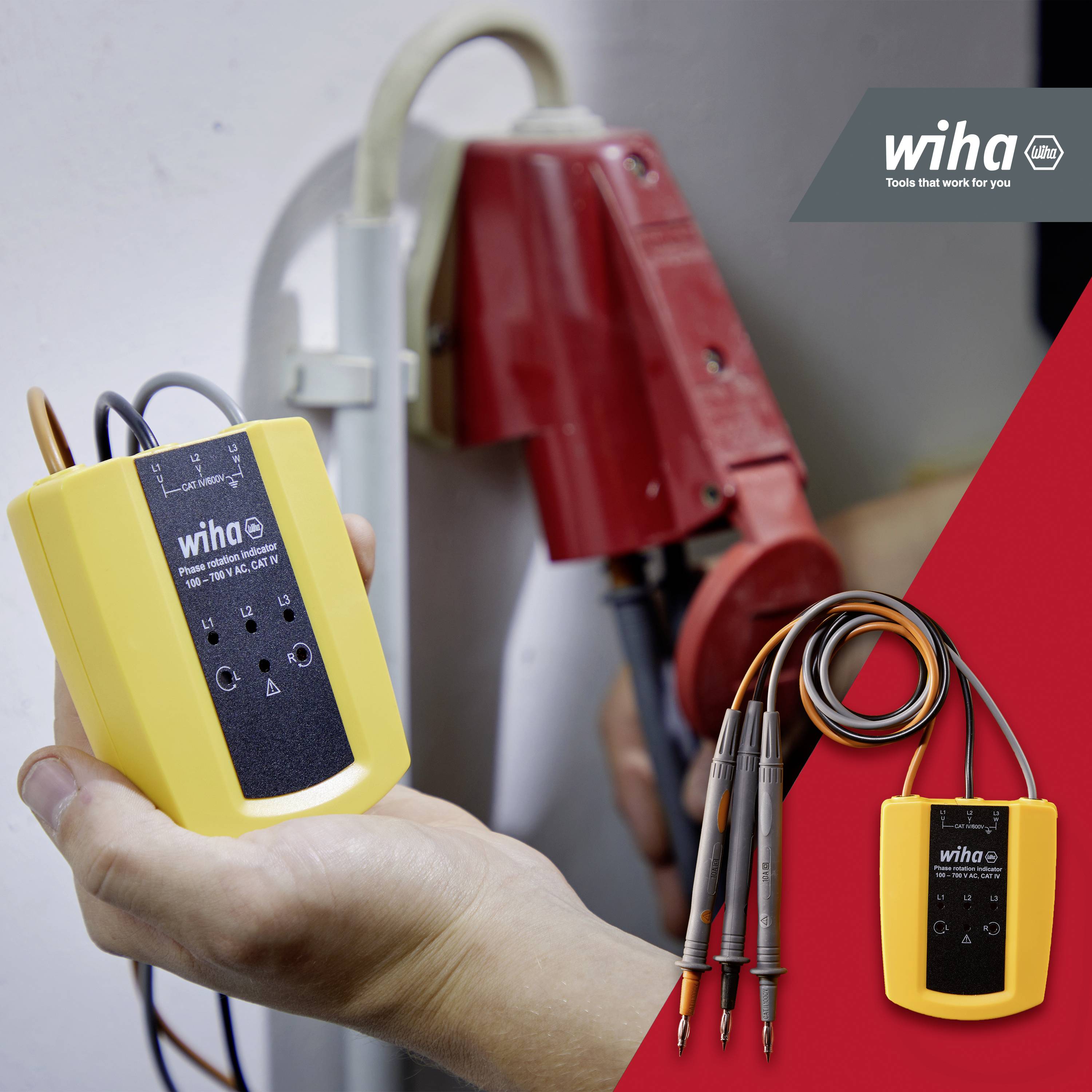 Een persoon controleert een stopcontact met een gele Wiha-spanningszoeker. Rechtsboven het Wiha-logo met de slogan 'Tools that work for you'.