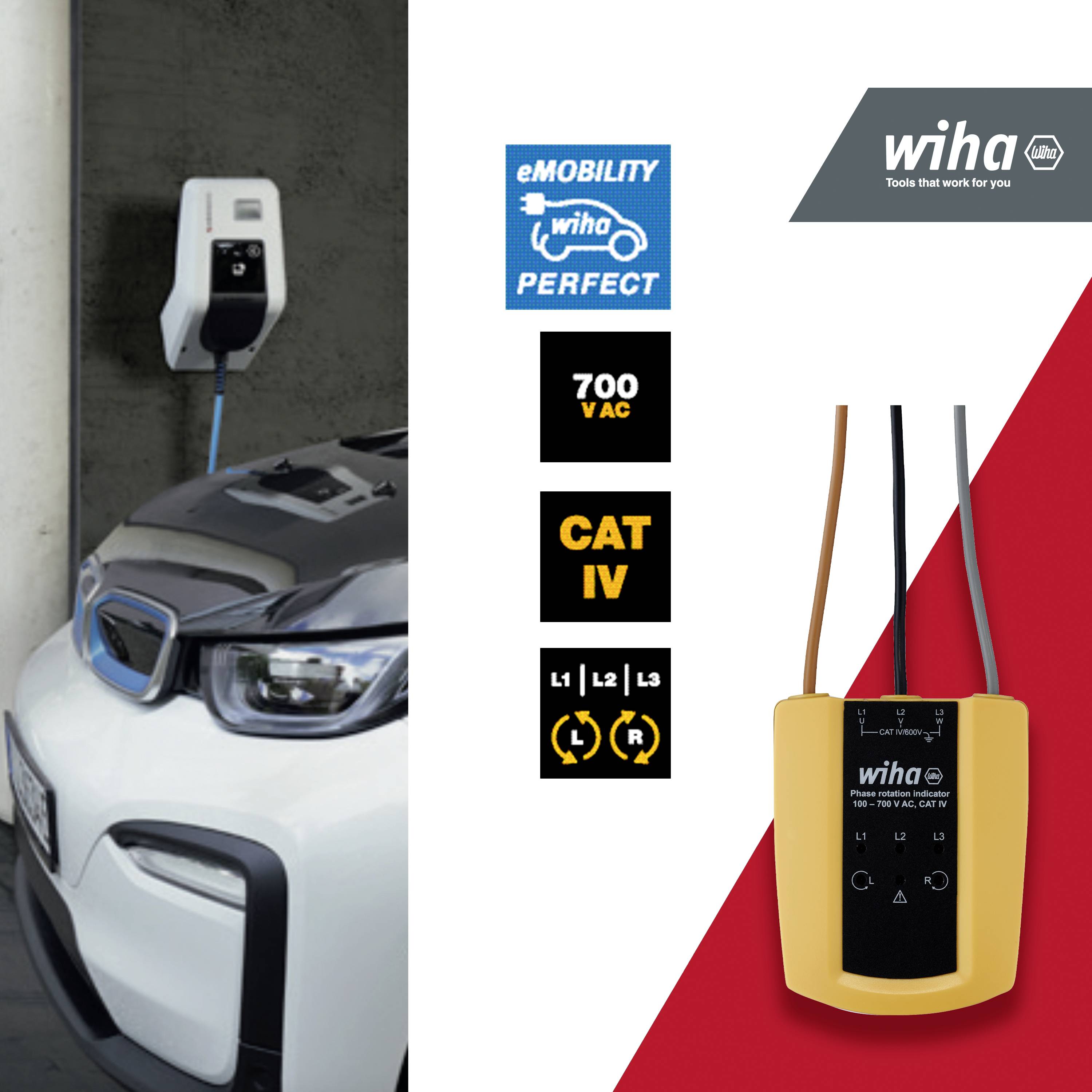 Een elektrische auto wordt opgeladen bij een laadstation voor elektrische mobiliteit. Naast het voertuig bevinden zich logo's en een afbeelding van een Wiha-meetapparaat met kabels.