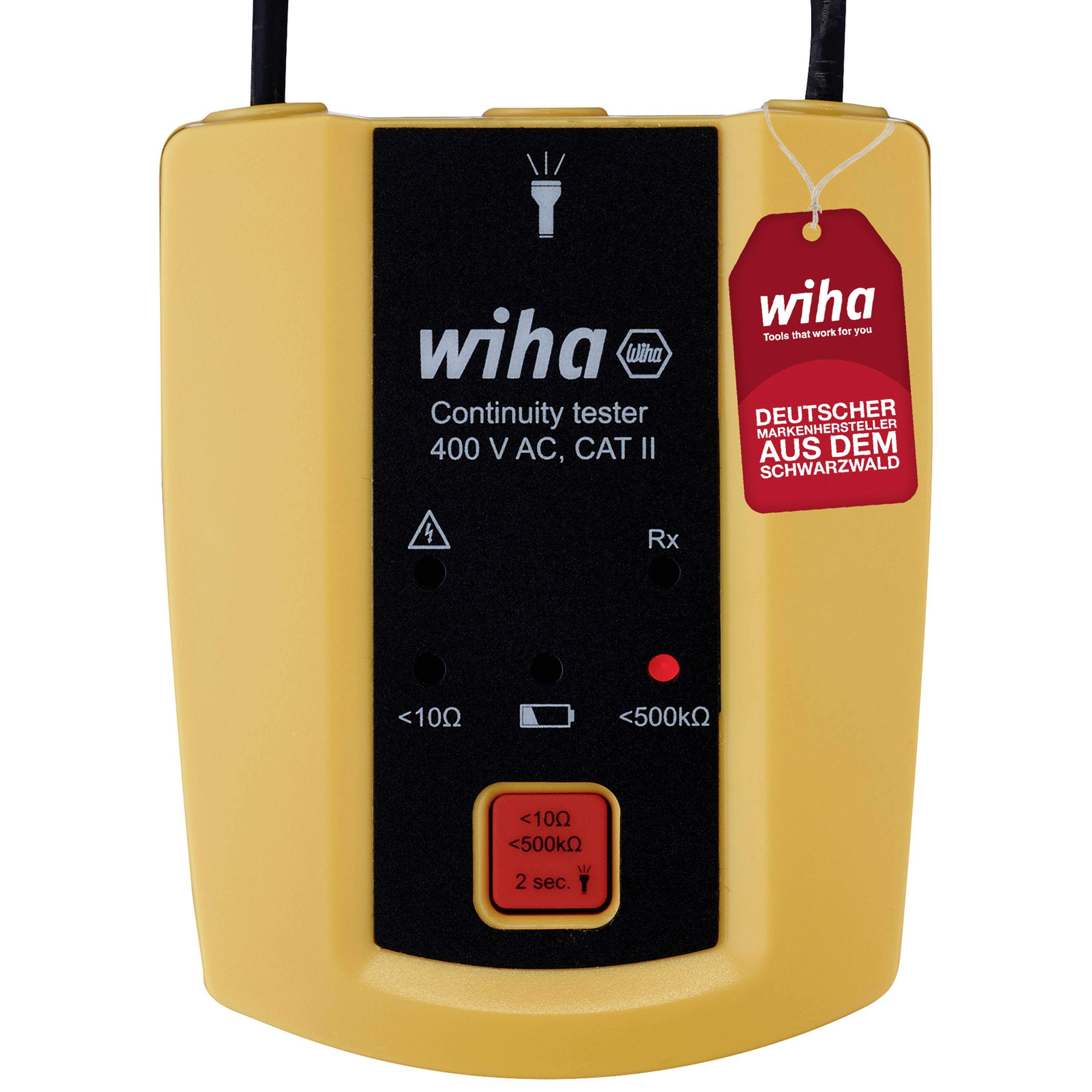 Een gele multimeter van het merk Wiha voor 400 V AC, CAT II. Sticker 'Duits merkproduct uit het Zwarte Woud'.