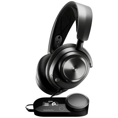 Zwarte over-ear koptelefoon met microfoon, verbonden met een kleine zwarte bedieningseenheid. Ideaal voor games of muziek.