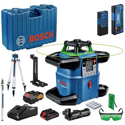Bosch rotatielaser-set met statief, ontvanger, oplader, accu's, laserdoelplaat en transportkoffer voor nauwkeurige bouwmetingen.