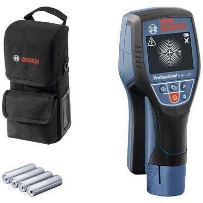 Afbeelding van een Bosch D-tect 120 detectieapparaat met batterijen en draagtas, geschikt voor het detecteren van metaal, elektriciteitsleidingen en hout.