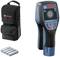 Afbeelding van een Bosch D-tect 120 detectieapparaat met batterijen en draagtas, geschikt voor het detecteren van metaal, elektriciteitsleidingen en hout.