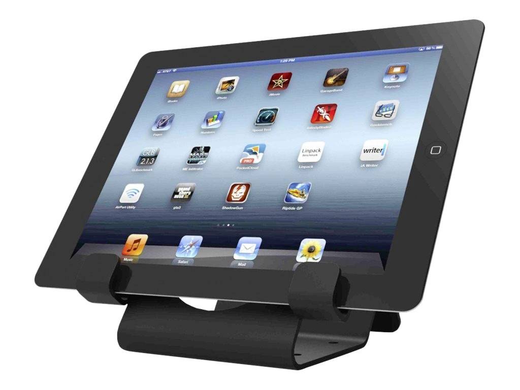 Een tablet op een standaard toont het startscherm met meerdere app-pictogrammen. De tablet is licht schuin omhoog gezet.
