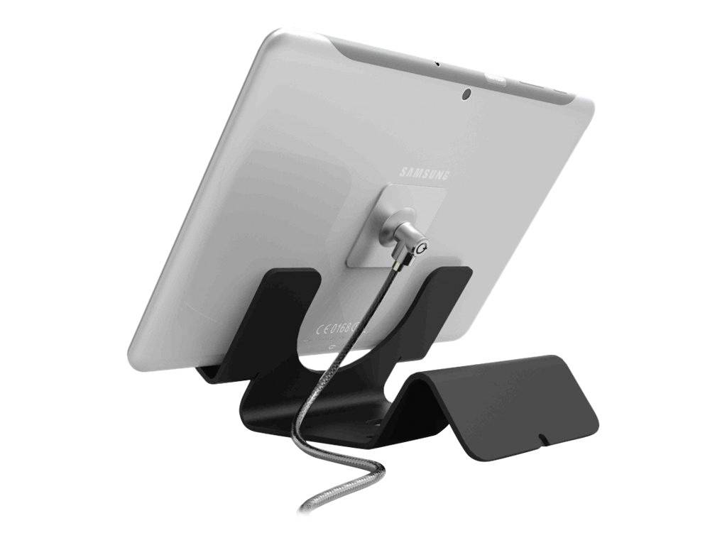 'Een tablet op een zwarte standaard, aangesloten met een oplaadkabel. Achterkant toont de merknaam duidelijk.'