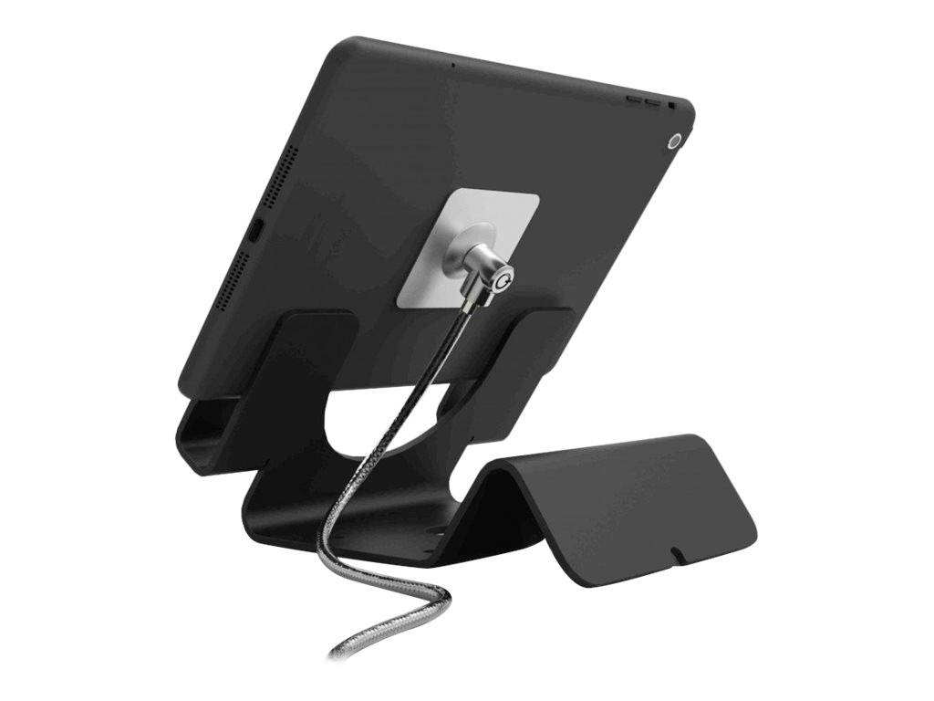 Een tablet in een stijlvolle, draaibare standaard die flexibele plaatsing en aanpassing mogelijk maakt.