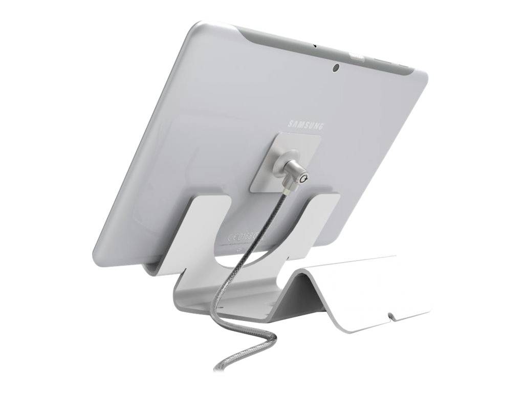 Een tablet in een houder met een aangesloten kabel. De houder heeft een gebogen vorm en biedt stabiele ondersteuning.