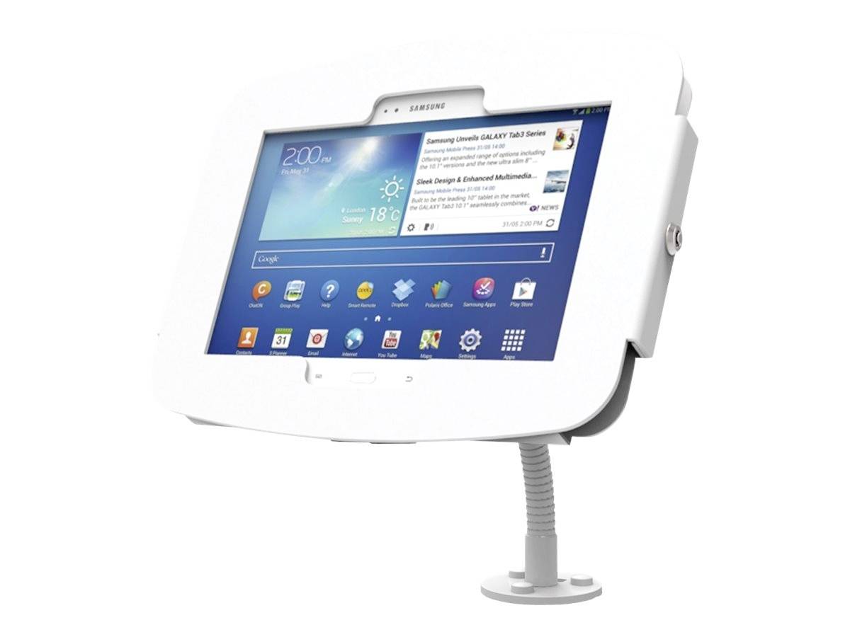 Een tablet op een witte standaard toont weersomstandigheden en apps op het scherm.