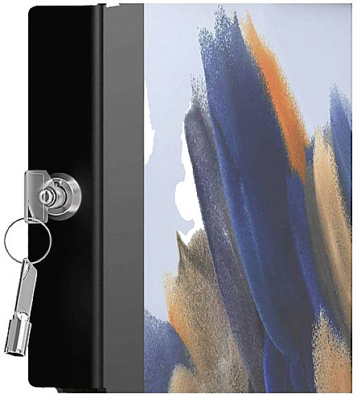 Een afgesloten dagboek met een sleutelslot, met een blauw-oranje abstract patroon op de boekomslag.