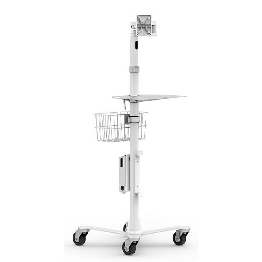 Een verrijdbare, in hoogte verstelbare standaard met een metalen mand, een platform en voorzieningen voor het bevestigen van apparaten.