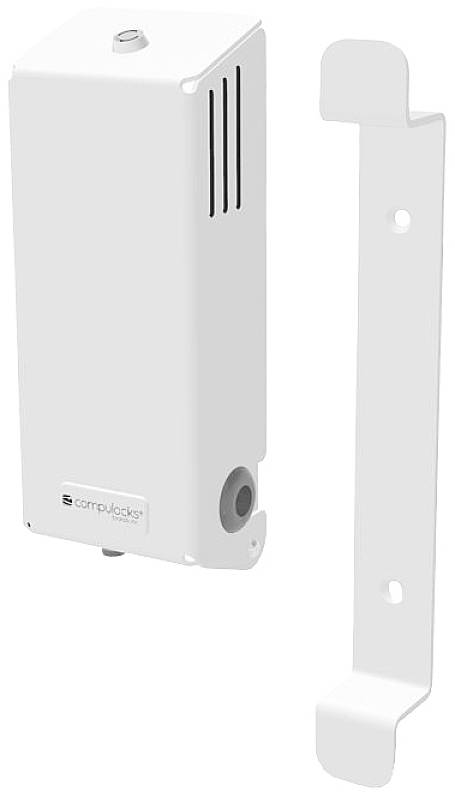 Wandbevestiging en behuizing voor elektronisch apparaat, wit, rechthoekig. Bevat bovenaan en aan de zijkant een ventilatie-ontwerp.