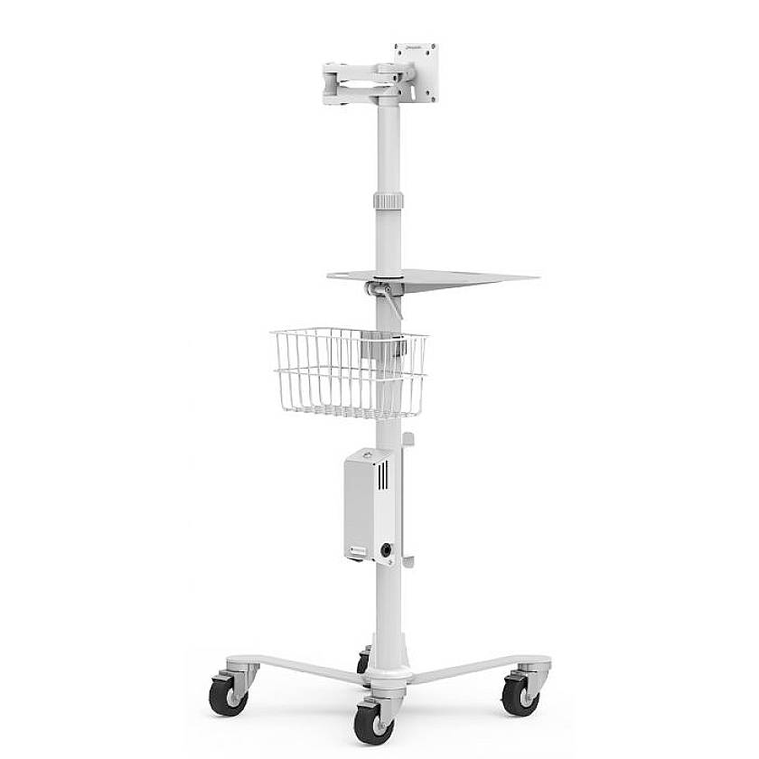 Mobiele apparaatkar met wielen, in hoogte verstelbare houder en opbergmand voor medische apparatuur in een neutraal design.