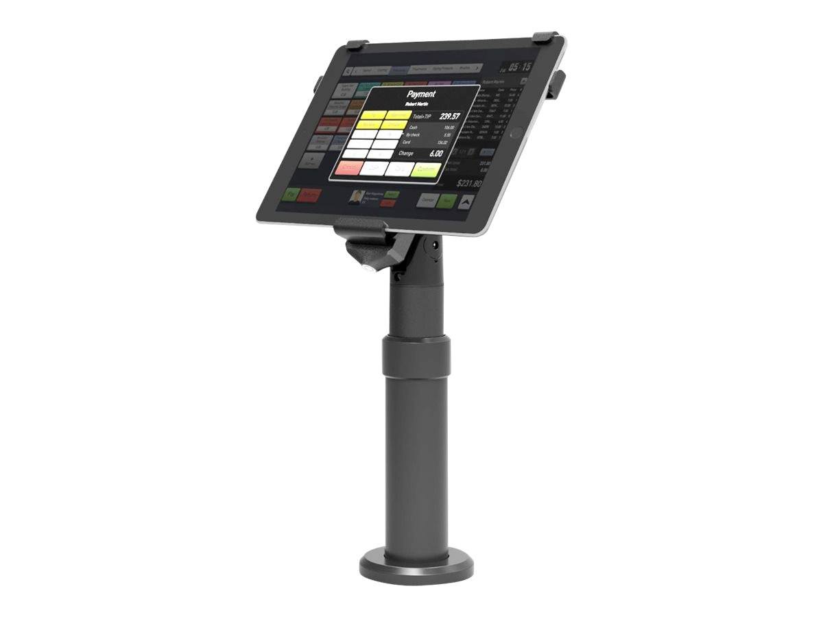 Een tablet-kassasysteem op een standaard toont een geïnstalleerde betalings-app met kleurrijk gecategoriseerde knoppen en teksten.