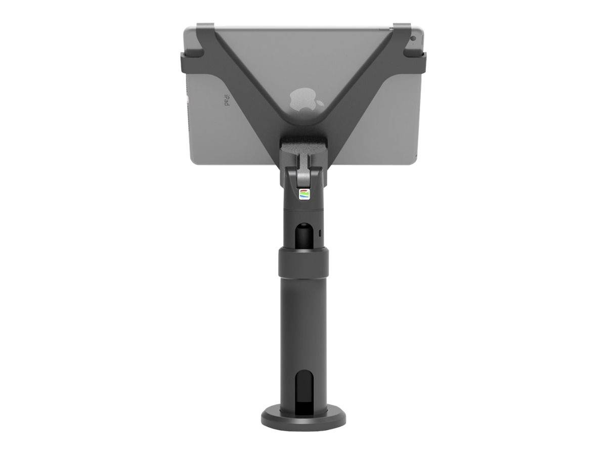 Een tablet in een zwarte houder, gemonteerd op een stabieve, verstelbare standaard, frontaal getoond.