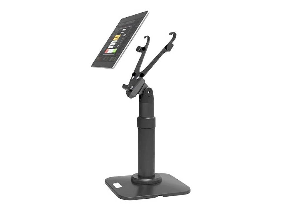 Zwarte tabletstandaard met verstelbare houders; houdt een tablet rechtop. Ideaal voor handsfree gebruik.
