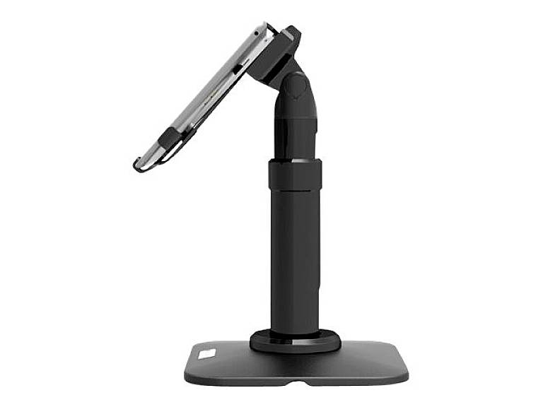 Zwarte, verstelbare tabletstandaard. De tablet is zijdelings gemonteerd en helt naar beneden. Geschikt voor plaatsing op tafel.