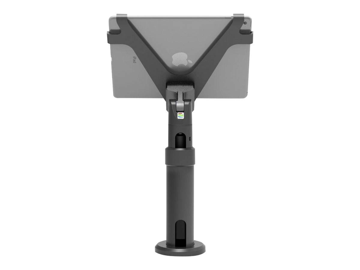 Een zwarte tabletstandaard met scharnier houdt een tablet rechtop. Ideaal voor presentaties of displaydoeleinden.