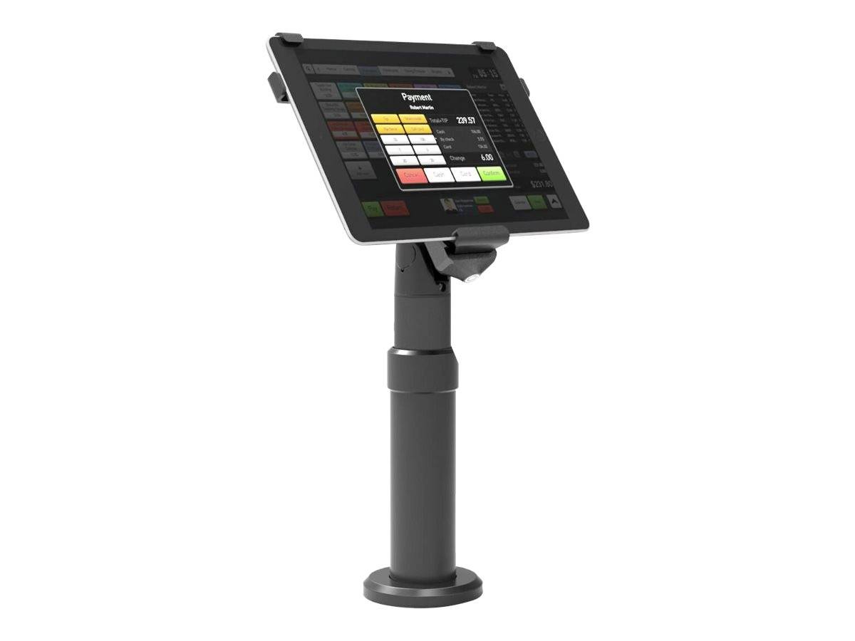 Een tablet op een zwarte standaard toont verkoopsoftware met een besteloverzicht en menuopties.