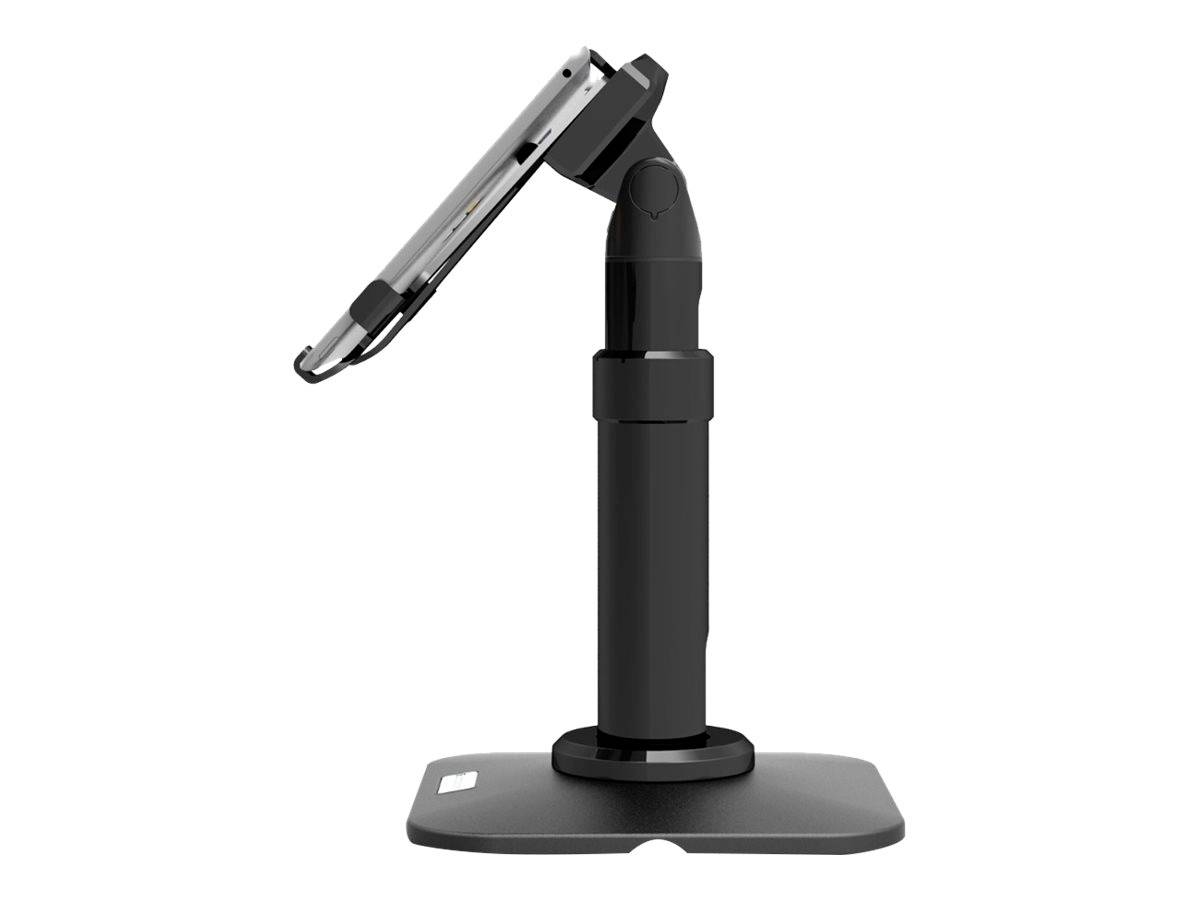 Zwarte standaard met verstelbaar scharnier voor stabilisatie van apparaten, geplaatst op een solide voet. Ideaal voor tablets of vergelijkbare apparaten.