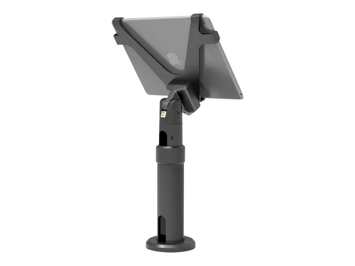 Tablestandaard met tablehouder op een stabiele voet, geschikt voor gebruik in kassa-afdelingen of informatiepunten.