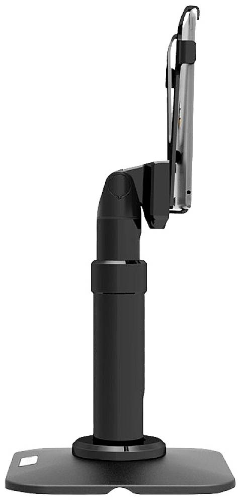 Zwarte standaard met verstelbare arm houdt een smartphone in verticale positie. Het ontwerp is modern en functioneel.