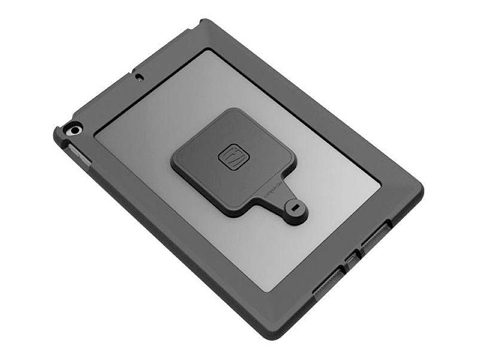 Een tablet met een robuuste zwarte beschermhoes, dat plat op een oppervlak ligt.