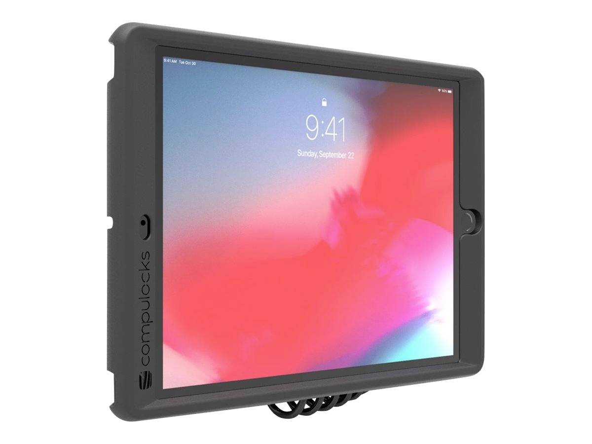 Een tablet in een zwarte, robuuste hoes van Compulocks met een kleurrijke achtergrond en de tijd 9:41.