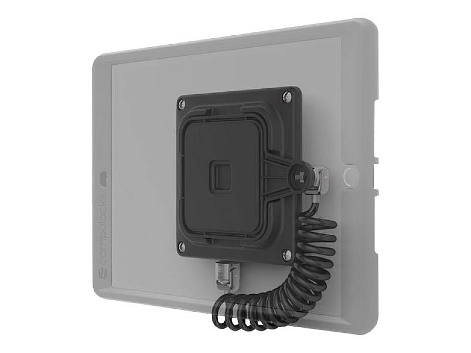 Een tablet met een robuuste, zwarte bevestigingshouder aan de achterkant. Een spiraalvormige kabel is eraan bevestigd.
