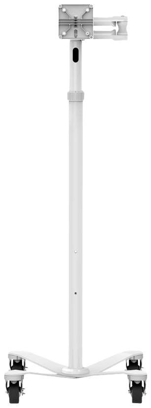 Een witte mobiele monitorstandaard op wielen, klaar voor de montage van een monitor. De standaard heeft een verticale stang en een stabiele voet.