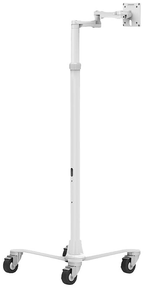 Een witte mobiele monitorstandaard met verstelbare arm en wielen, geschikt voor flexibele monitorplaatsing in kantoren of presentatieomgevingen.