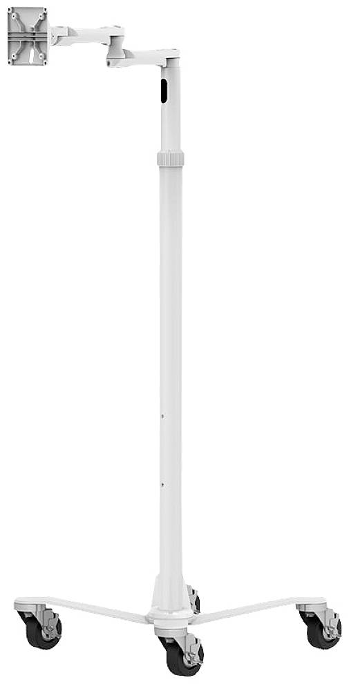 Witte apparaatdrager met verstelbare arm en vier wielen, geschikt voor medische apparatuur of monitors.