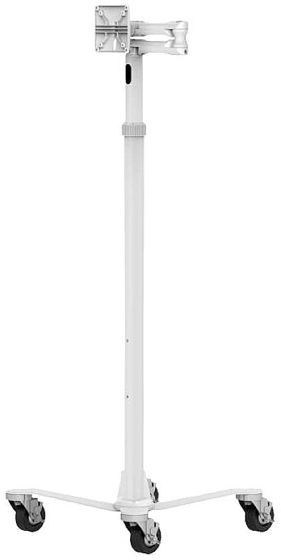 Witte mobiele monitorstandaard op wielen met een verstelbare arm, geschikt voor flexibele werkomgevingen.