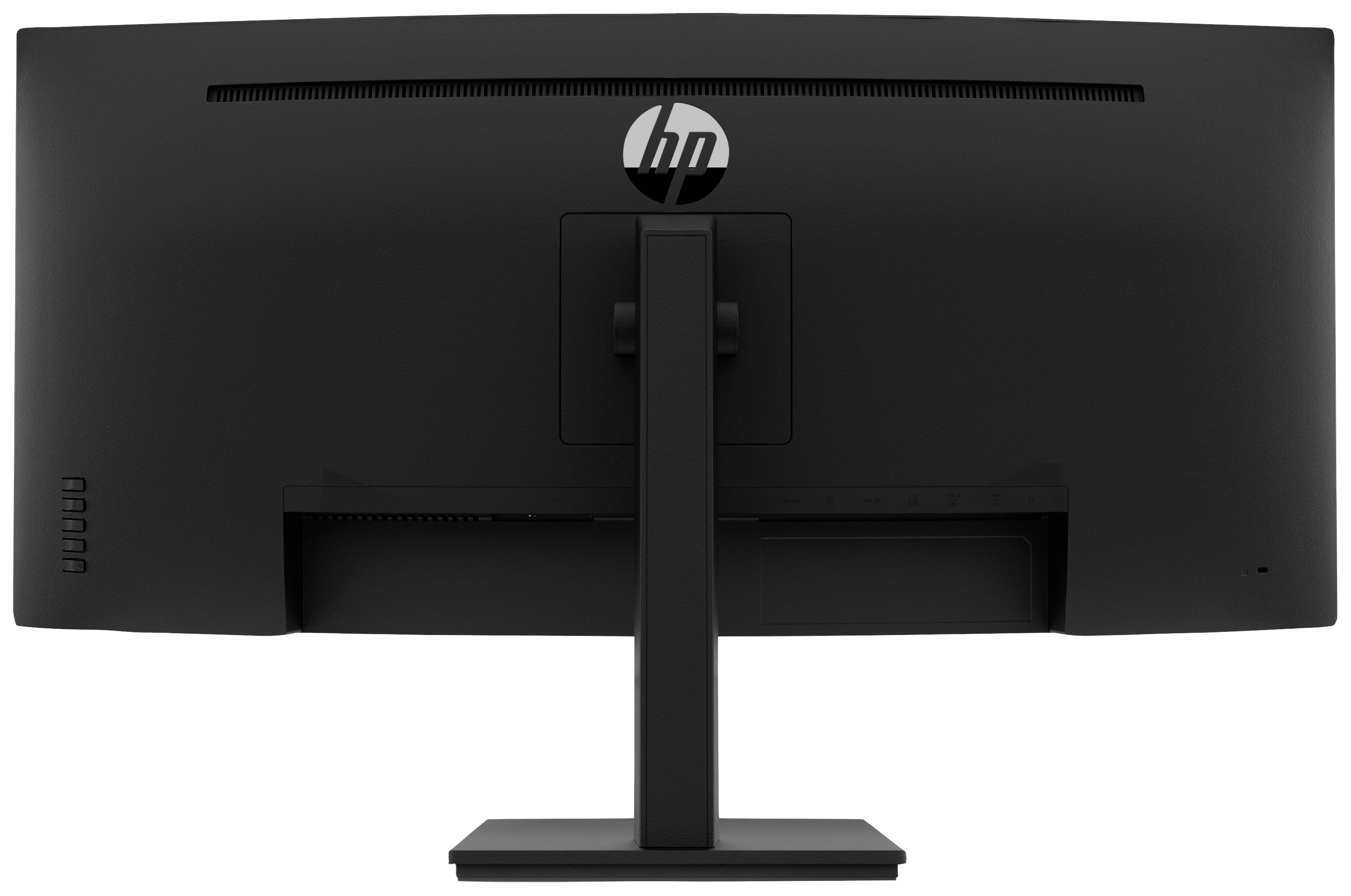 Een zwarte HP-monitor van achteren, toont de standaard en het strakke design, zonder zichtbare kabels.