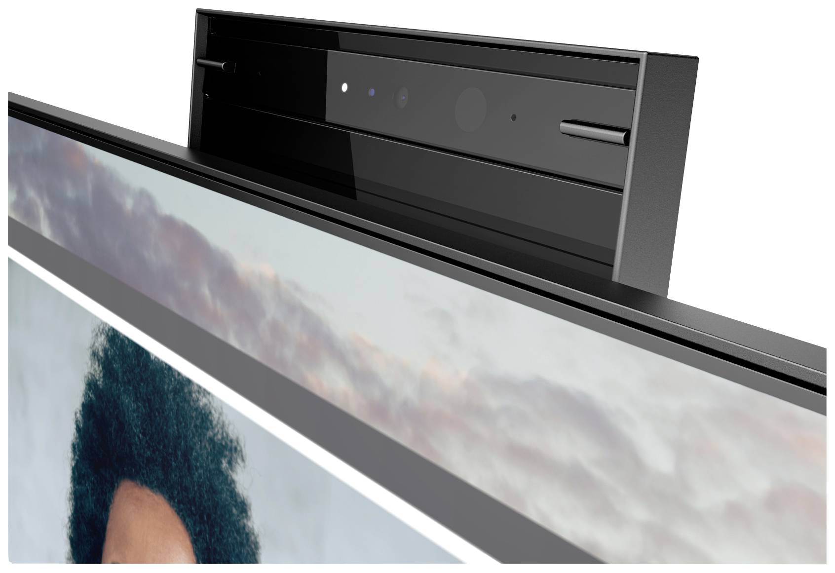 Een monitor met geïntegreerde webcam bovenaan; toont delen van het scherm en de lens.