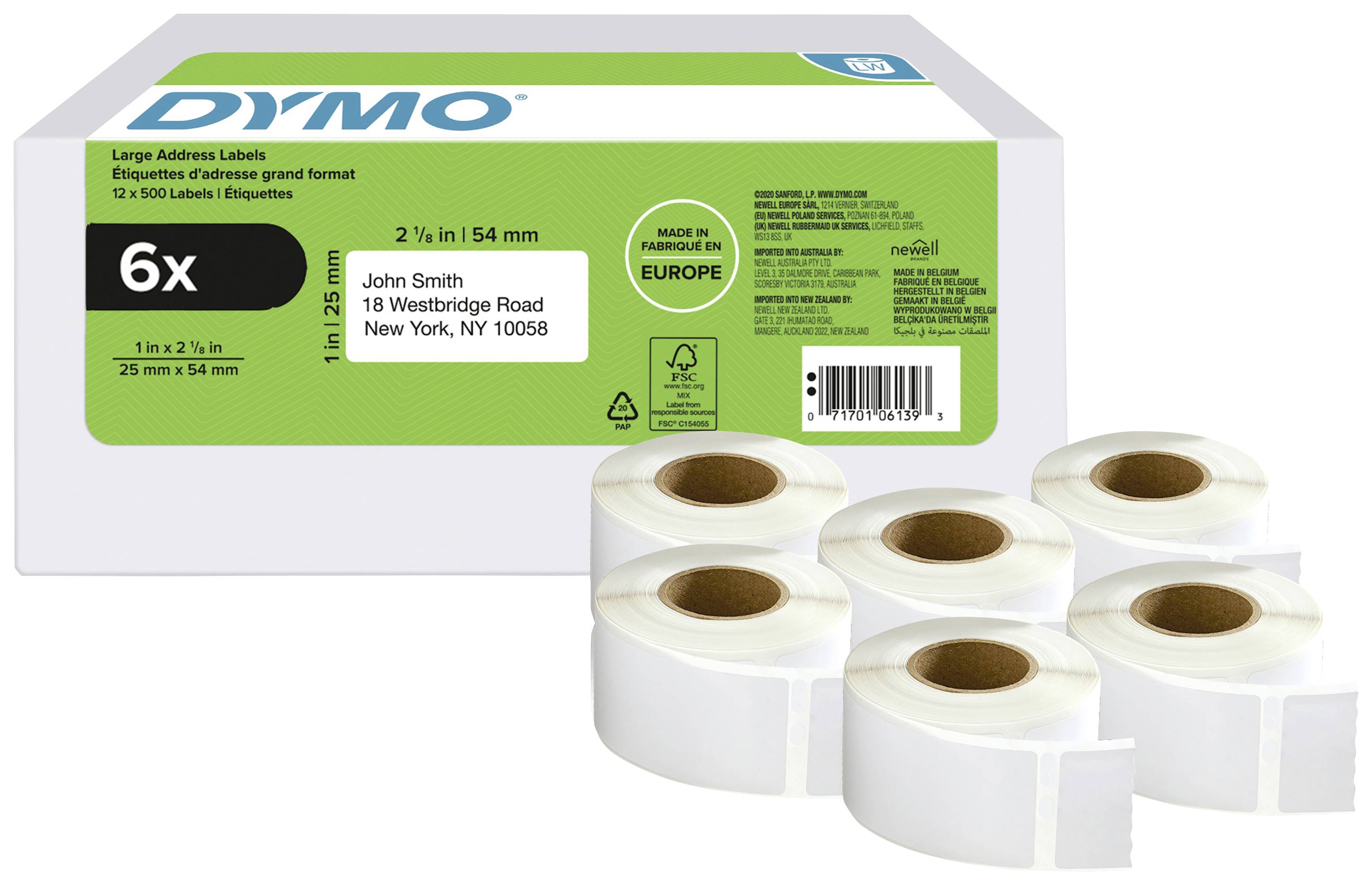 Zes rollen grote adresetiketten van DYMO, 54 mm x 25 m, voor een verpakking. Voorbeeld tekst: "John Smith, 18 Westridge Road, New York, NY 10058".
