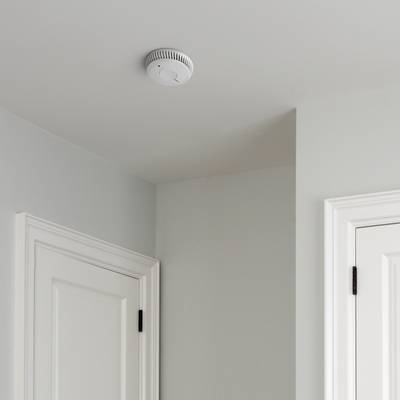 Een rookmelder is aan het plafond van een ruimte naast een deur gemonteerd om de veiligheid in het gebouw te verhogen.