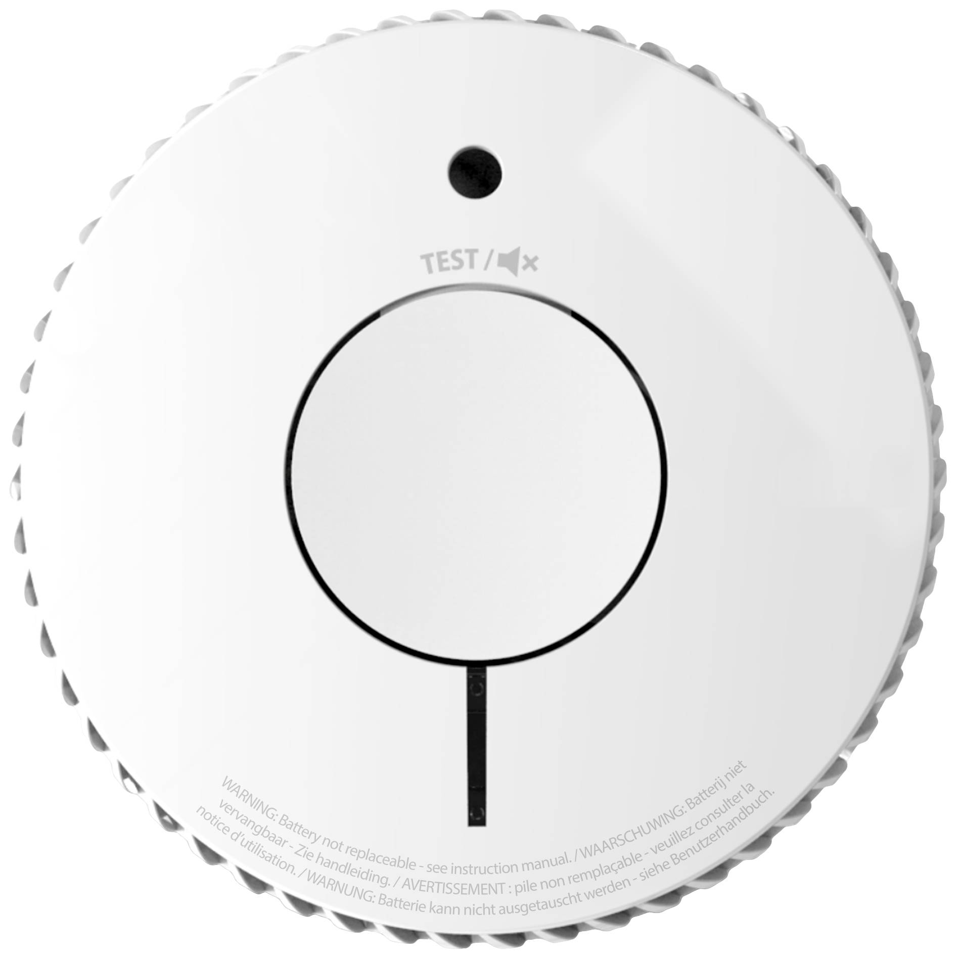 Een ronde rookmelder in het wit met een centrale knop. Bovenaan de aanduiding 'TEST/Stil'.