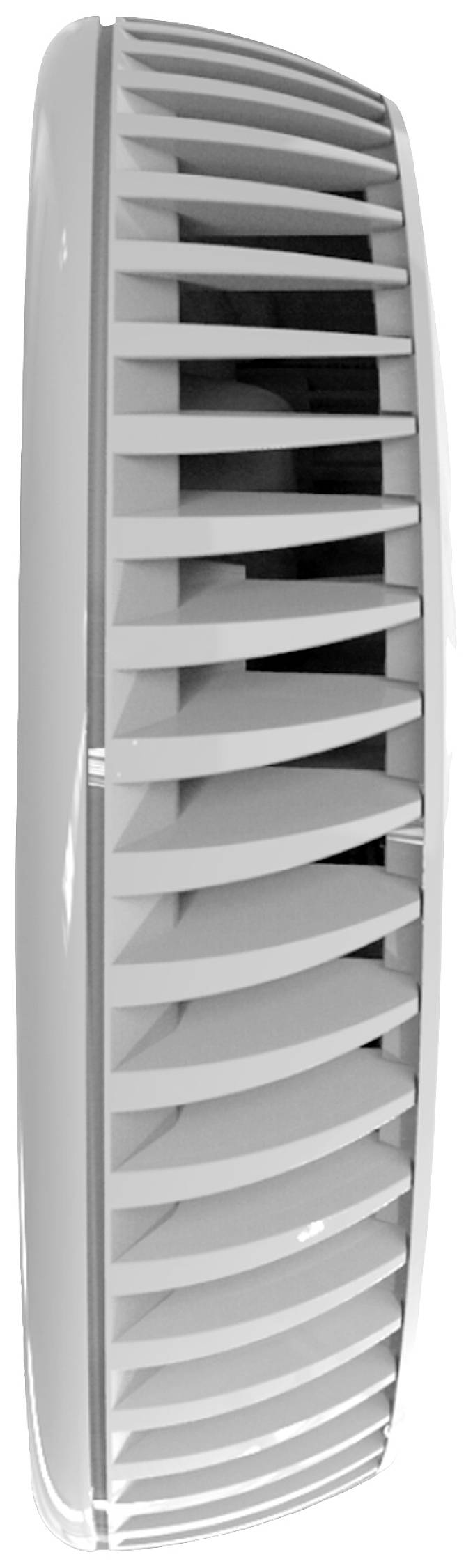 Een witte, verticaal georiënteerde ventilatiesleuf of luchuitlaat met parallelle lamellen die de luchtstroom reguleren.