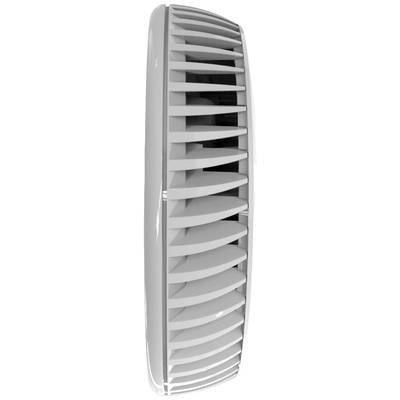 Een witte, verticaal georiënteerde ventilatiesleuf of luchuitlaat met parallelle lamellen die de luchtstroom reguleren.