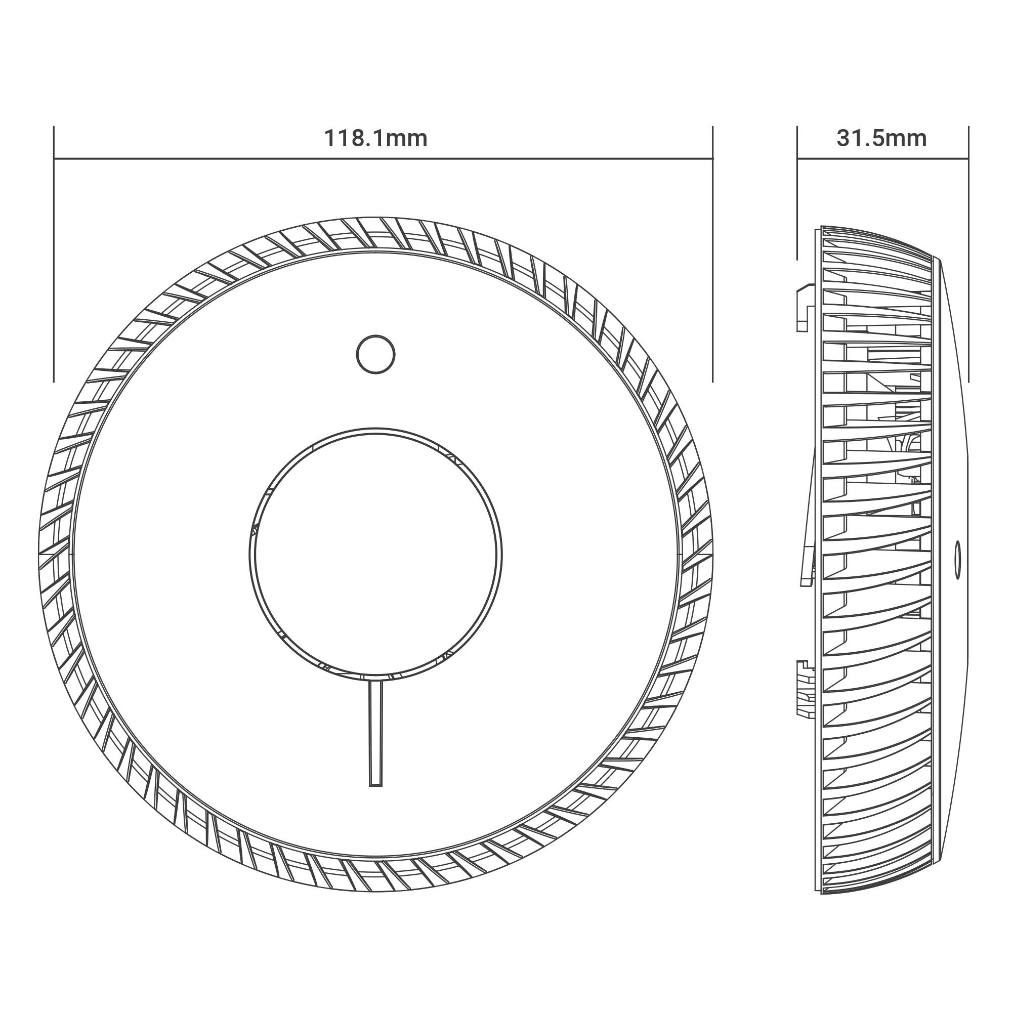 De afbeelding toont een technische tekening van een rond apparaat met een diameter van 118,1 mm en een diepte van 31,5 mm.