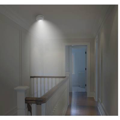 Een verlichte gang met een rookmelder aan het plafond. Achter de gang bevindt zich een openstaande deur die naar een badkamer leidt.